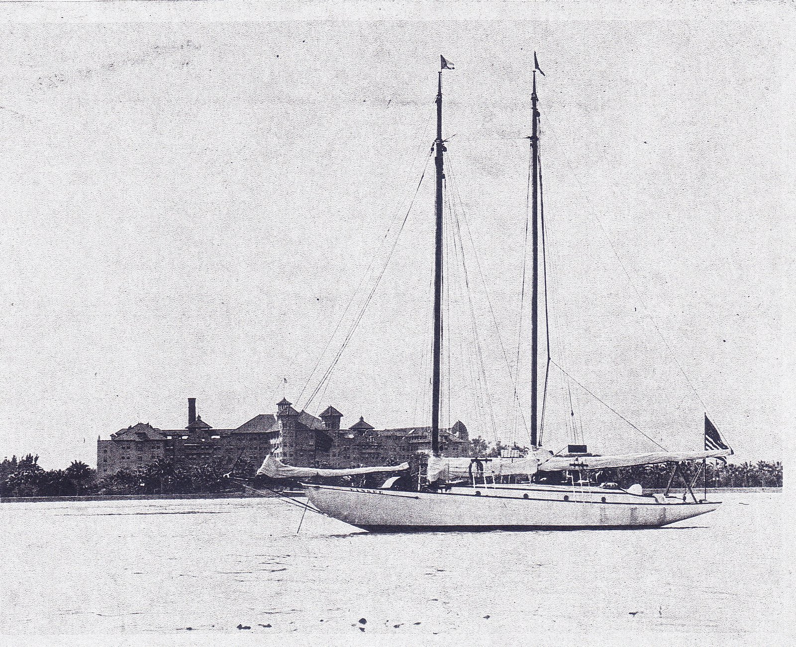 Yankee after her conversion to schooner rig at anchor off Catalina Island